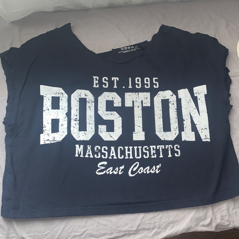 Distressed Boston Graphic Navy Sleeveless Cropped Top
